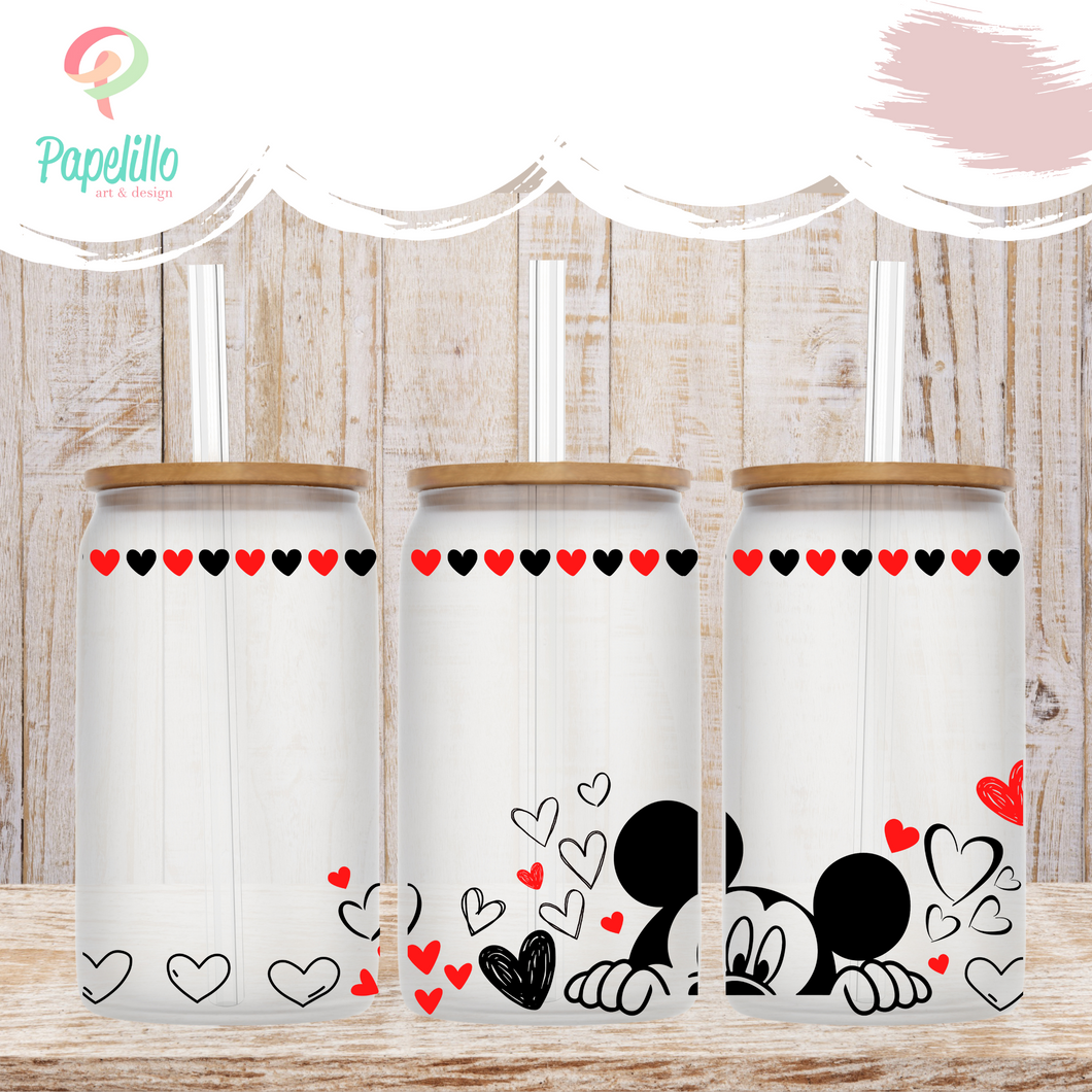 Cartoon Mouse Inspired Glass Coffee Cup, Mouse Inspired Glass Iced Coffee Cup with Bamboo Lid and Straw, Coffee Gift for Friend 16oz