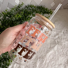 Load image into Gallery viewer, Latte Glass Coffee Cup, Coffee Lover Glass Iced Coffee Cup with Bamboo Lid and Straw, Iced Coffee Glass, Gift for Friend, Aesthetic UV DTF
