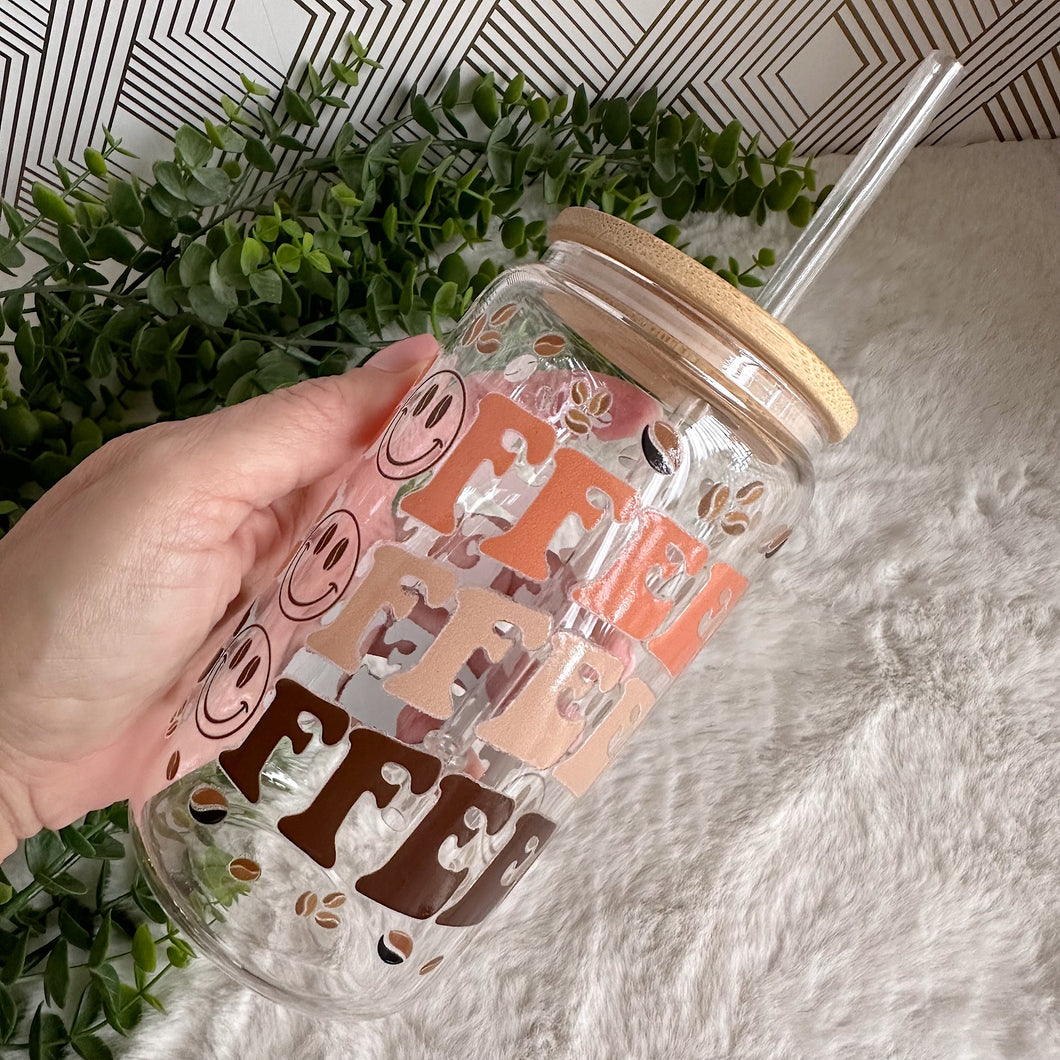Latte Glass Coffee Cup, Coffee Lover Glass Iced Coffee Cup with Bamboo Lid and Straw, Iced Coffee Glass, Gift for Friend, Aesthetic UV DTF