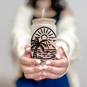 Personalized Adventure Glass Coffee Cup, Beach Glass Iced Coffee Cup with Bamboo Lid and Straw, Iced Coffee Glass, Gift Friend, Coffee Aesthetic