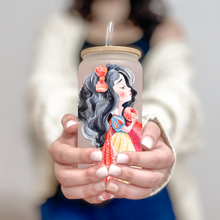 Load image into Gallery viewer, Inspired Snow White Glass Coffee Cup, Princess Inspired Glass Iced Coffee Cup with Bamboo Lid and Straw, Coffee Gift for Friend 16oz
