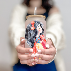 Inspired Snow White Glass Coffee Cup, Princess Inspired Glass Iced Coffee Cup with Bamboo Lid and Straw, Coffee Gift for Friend 16oz