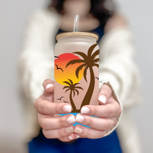 Load image into Gallery viewer, Summer Vibes Glass Coffee Cup, Beach Glass Iced Coffee Cup with Bamboo Lid and Straw, Iced Coffee Glass, Gift for Friend, Coffee Aesthetic
