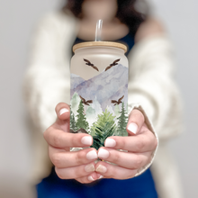 Load image into Gallery viewer, Mountain Trees Coffee Cup, Woodland Pine Tree Glass Iced Coffee Cup with Bamboo Lid and Straw, Iced Coffee Glass, Gift for Friend, Aesthetic
