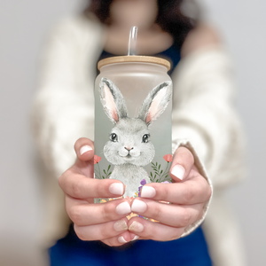 Easter Rabbit Glass Coffee Cup, Bunny Floral Iced Coffee Cup with Bamboo Lid and Straw, Easter Gift, Coffee Aesthetic 16oz
