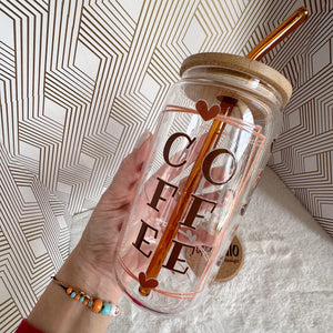 Latte Glass Coffee Cup, Coffee Lover Glass Iced Coffee Cup with Bamboo Lid and Straw, Iced Coffee Glass, Gift for Friend, Aesthetic UV DTF