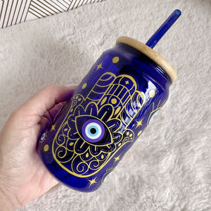 Evileye Glass Coffee Cup, Blue Glass Coffee Cup with Bamboo Lid and Straw, Iced Coffee Frosted Glass, Gift for Friend, Aesthetic UV DTF 12oz