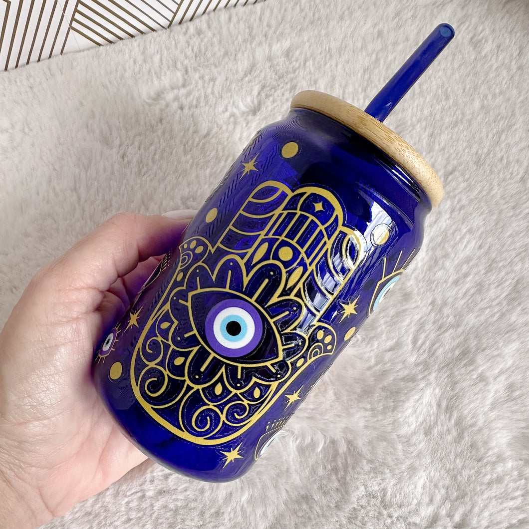 Evileye Glass Coffee Cup, Blue Glass Coffee Cup with Bamboo Lid and Straw, Iced Coffee Frosted Glass, Gift for Friend, Aesthetic UV DTF 12oz