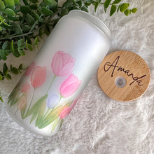 Load image into Gallery viewer, Tulip Floral Glass Coffee Cup, Floral Glass Iced Coffee Cup with Bamboo Lid and Straw, Iced Coffee Glass, Gift for Friend, Coffee Aesthetic
