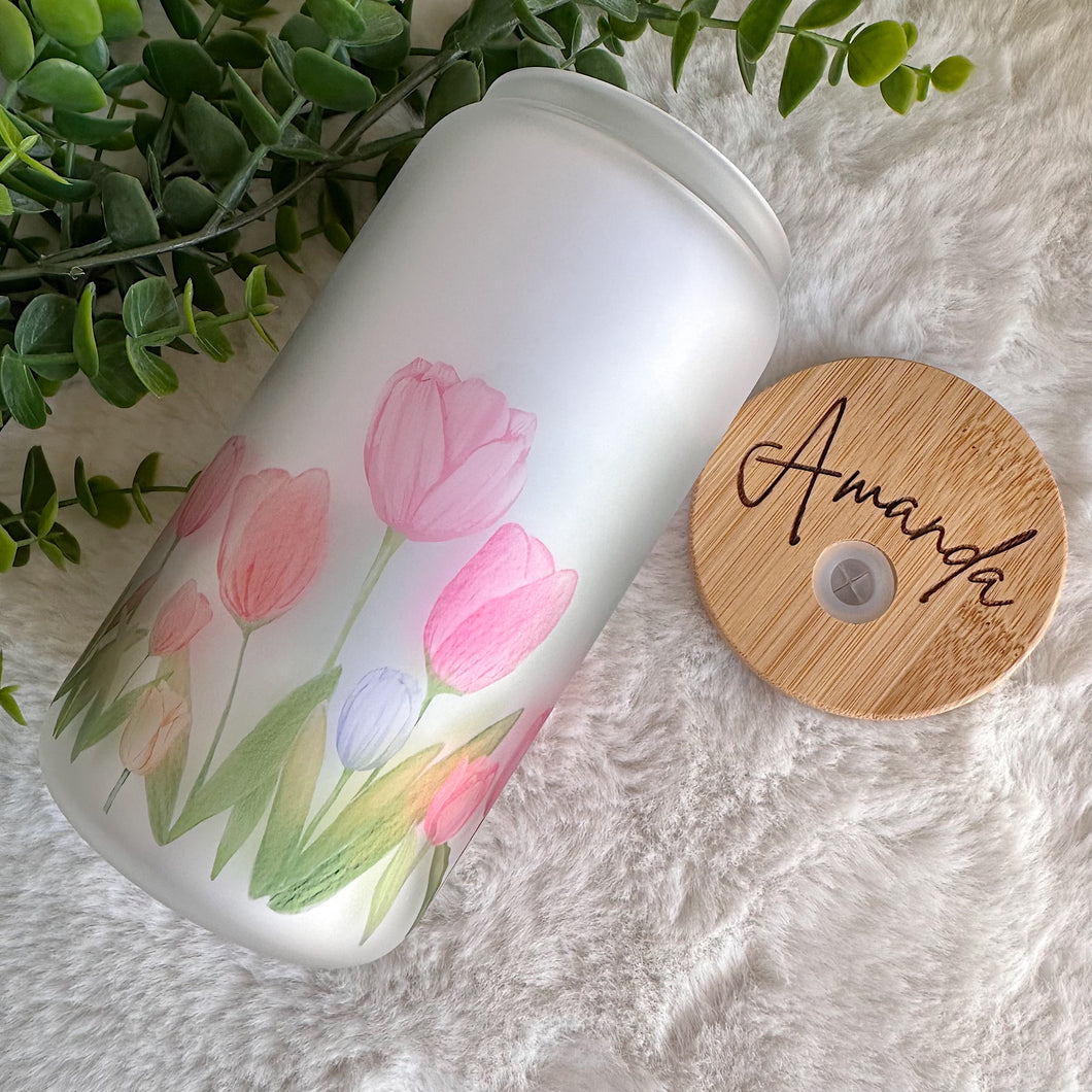 Tulip Floral Glass Coffee Cup, Floral Glass Iced Coffee Cup with Bamboo Lid and Straw, Iced Coffee Glass, Gift for Friend, Coffee Aesthetic