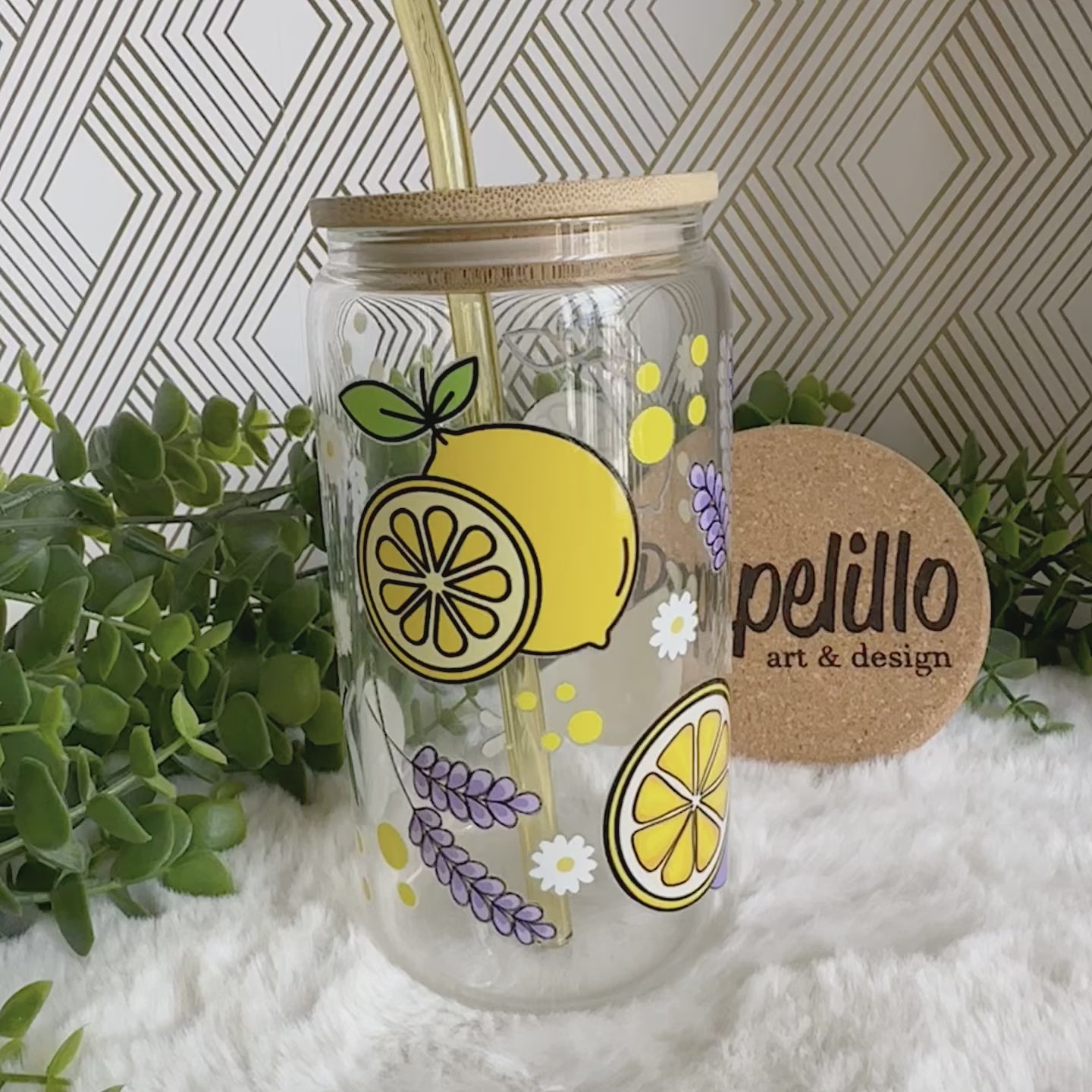Lemon 16oz Glass Cup with Bamboo Lid
