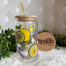 Load image into Gallery viewer, Lavender Lemon Glass Coffee Cup, Glass Iced Coffee Cup with Bamboo Lid and Straw, Iced Coffee Glass, Gift for Friend, Aesthetic UV DTF
