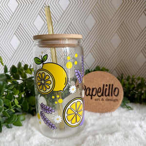 Lavender Lemon Glass Coffee Cup, Glass Iced Coffee Cup with Bamboo Lid and Straw, Iced Coffee Glass, Gift for Friend, Aesthetic UV DTF