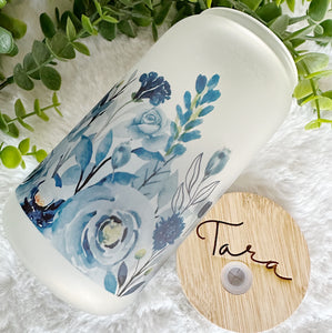 Floral Glass Coffee Cup, Blue Floral Glass Iced Coffee Cup with Bamboo Lid and Straw, Iced Coffee Glass, Gift for Friend, Coffee Aesthetic