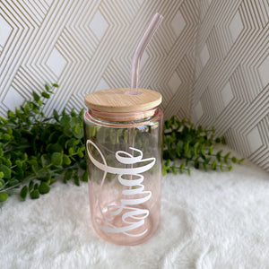 Bride Personalized Iced Coffee Cup Pink Glass Can with Lid and Straw Gifts for Women, Friends, Bridesmaids Aesthetic UV DTF