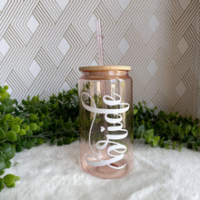 Load image into Gallery viewer, Bride Personalized Iced Coffee Cup Pink Glass Can with Lid and Straw Gifts for Women, Friends, Bridesmaids Aesthetic UV DTF
