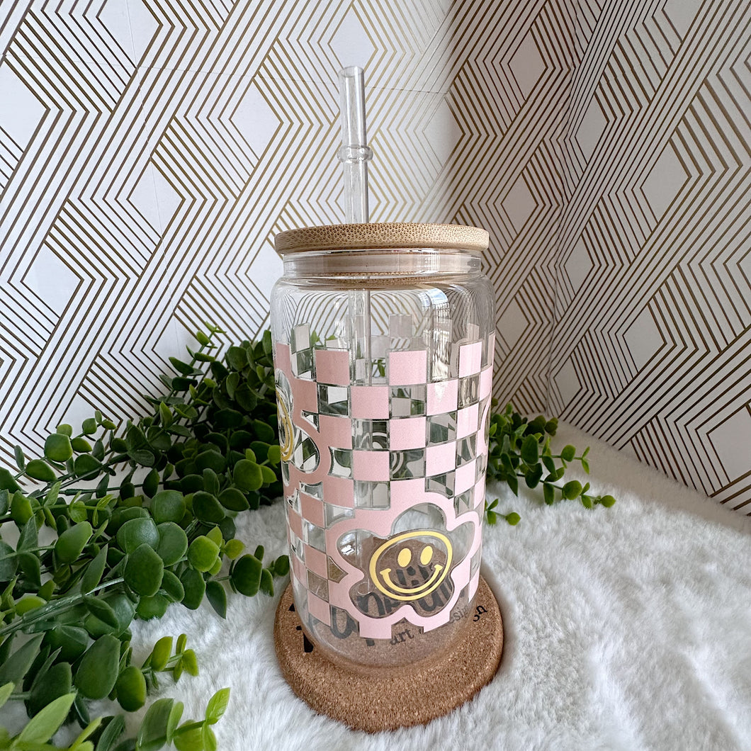Smiley Face Glass Coffee Cup, Groovy Glass Iced Coffee Cup with Bamboo Lid and Straw, Iced Coffee Glass, Gift for Friend, Aesthetic UV DTF