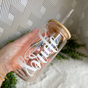 Bride Personalized Iced Coffee Cup Pink Glass Can with Lid and Straw Gifts for Women, Friends, Bridesmaids Aesthetic UV DTF