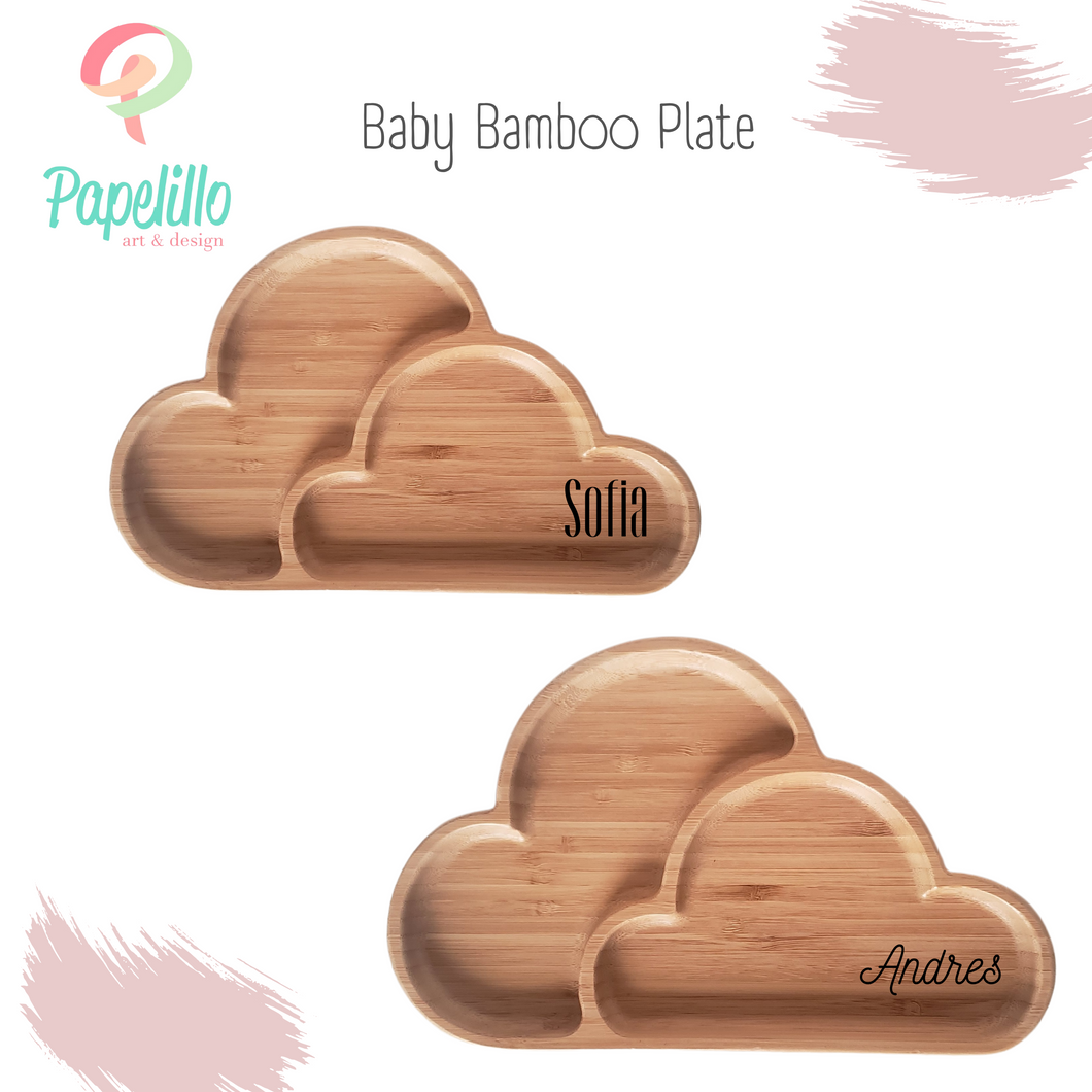 Personalised Cloud Bamboo Plate, Baby Feeding Plate Set With Silicone Suction, Spoon, Weaning, Baby Gift