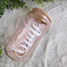 Load image into Gallery viewer, Bride Personalized Iced Coffee Cup Pink Glass Can with Lid and Straw Gifts for Women, Friends, Bridesmaids Aesthetic UV DTF
