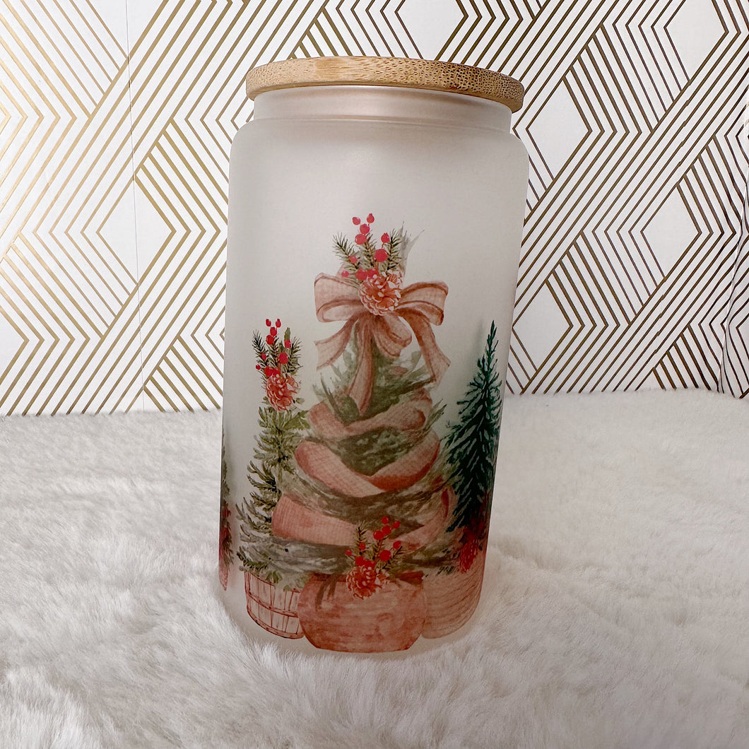 Christmas Glass Coffee Cup, Christmas Tree Glass Iced Coffee Cup with Bamboo Lid and Straw, Iced Coffee, Gift for Friend, Coffee Aesthetic