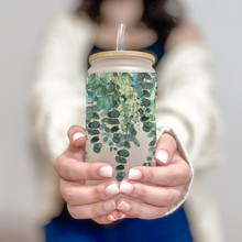 Load image into Gallery viewer, Eucalyptu Glass Coffee Cup, Eucalyptus Glass Iced Coffee Cup with Bamboo Lid and Straw, Iced Coffee Glass, Gift for Friend, Coffee Aesthetic
