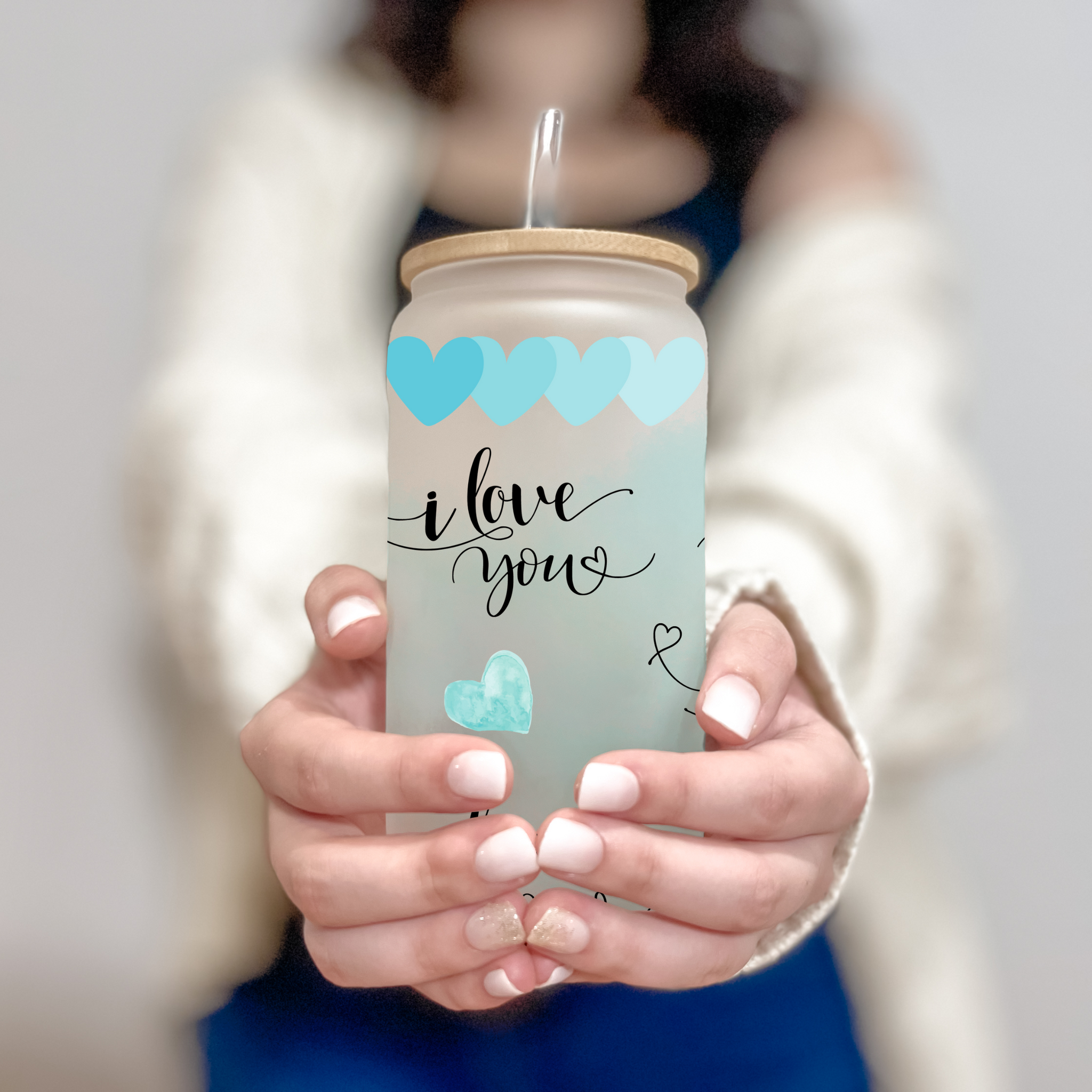 Ice Coffee Cup With Bamboo Lid And Glass Straw Love Hearts - Temu