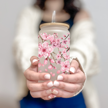 Load image into Gallery viewer, Cherry Blossom Glass Coffee Cup, Cherry Blossom Glass Iced Coffee Cup with Bamboo Lid and Straw, Gift for Friend, Coffee Aesthetic
