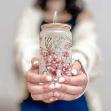 Load image into Gallery viewer, Spring Floral Glass Coffee Cup, Glass Iced Coffee Cup with Bamboo Lid and Straw, Iced Coffee Glass, Gift for Friend, Coffee Aesthetic
