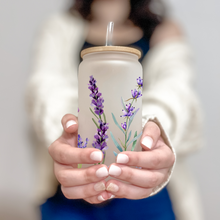 Load image into Gallery viewer, Lavender Glass Coffee Cup, Lavender Field Glass Iced Coffee Cup with Bamboo Lid and Straw, Iced Coffee, Gift for Friend, Coffee Aesthetic
